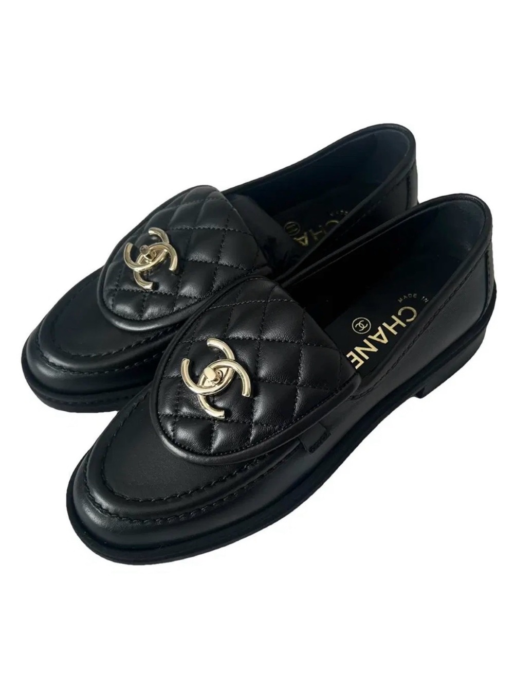 CHANEL Black Quilted Leather CC Logo Loafers with Gold Hardware